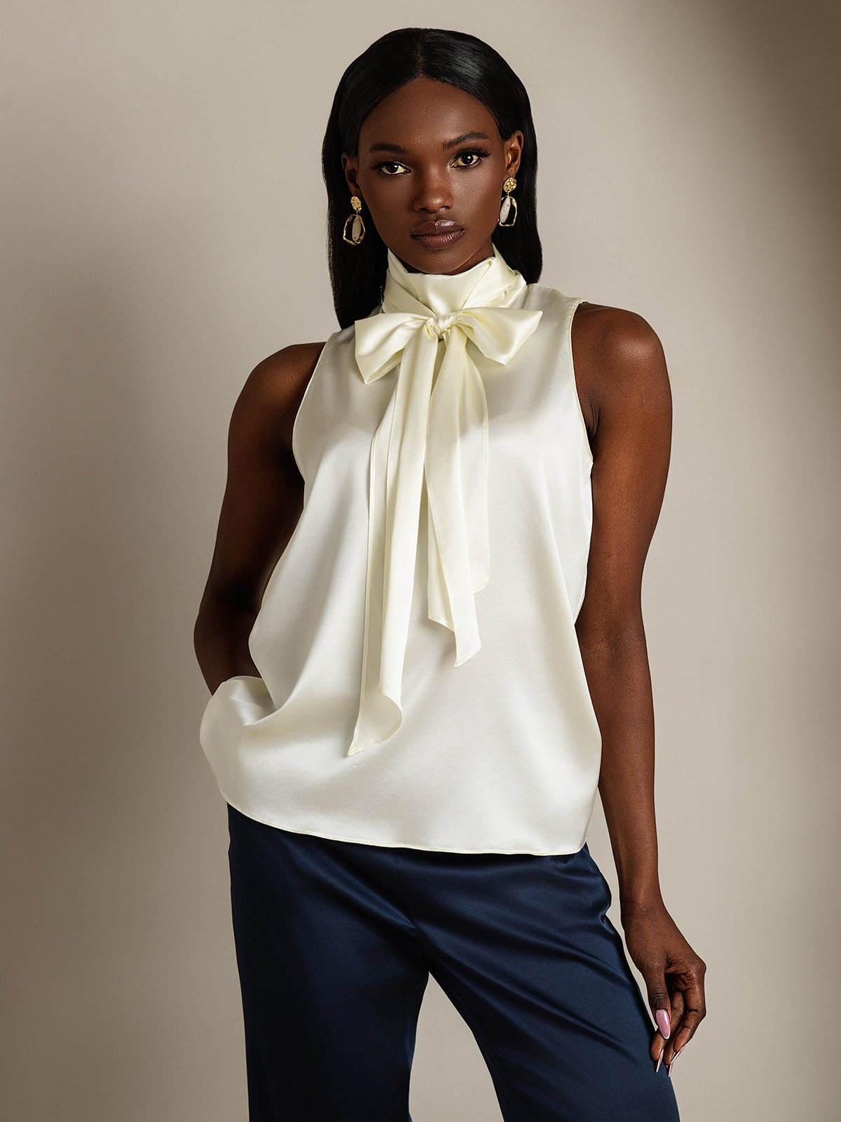 SilkSilky-CA 19Momme Silk Tie Neck Women's Shirt Ivory 004