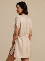 [Tan] SilkSilky-CA 18Momme Silk Satin Surah Cap Sleeve Henley Neck Dress 002