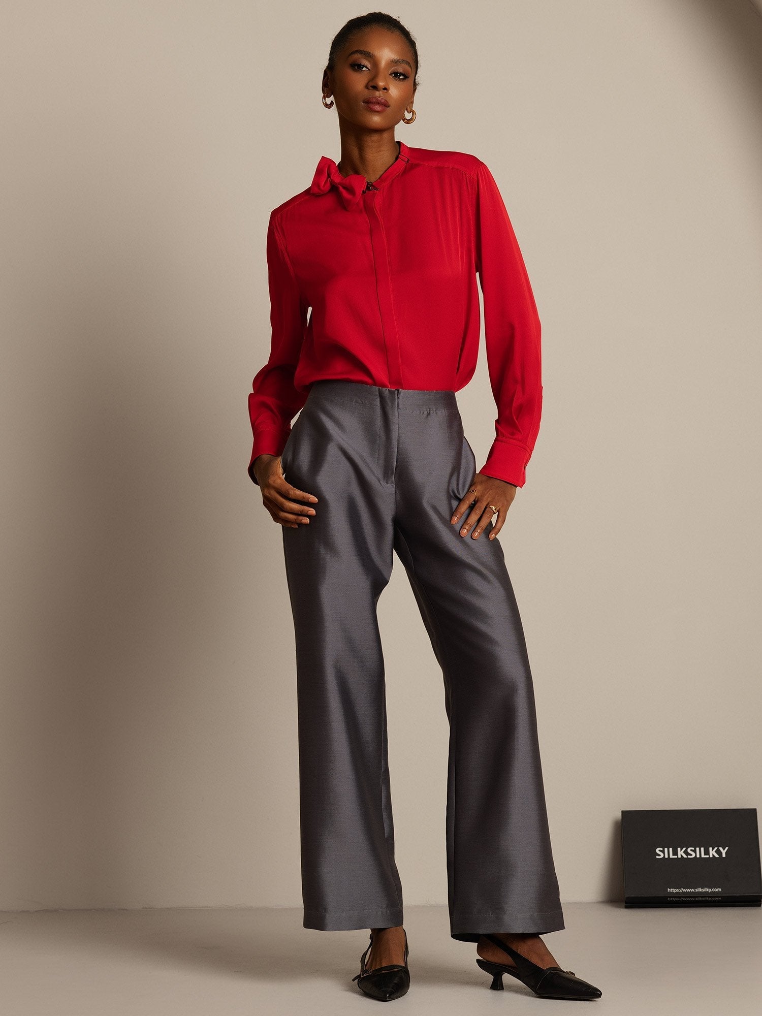 [Gray] SilkSilky-CA 32Momme Silk-Wool Blend Womens Pants 005,