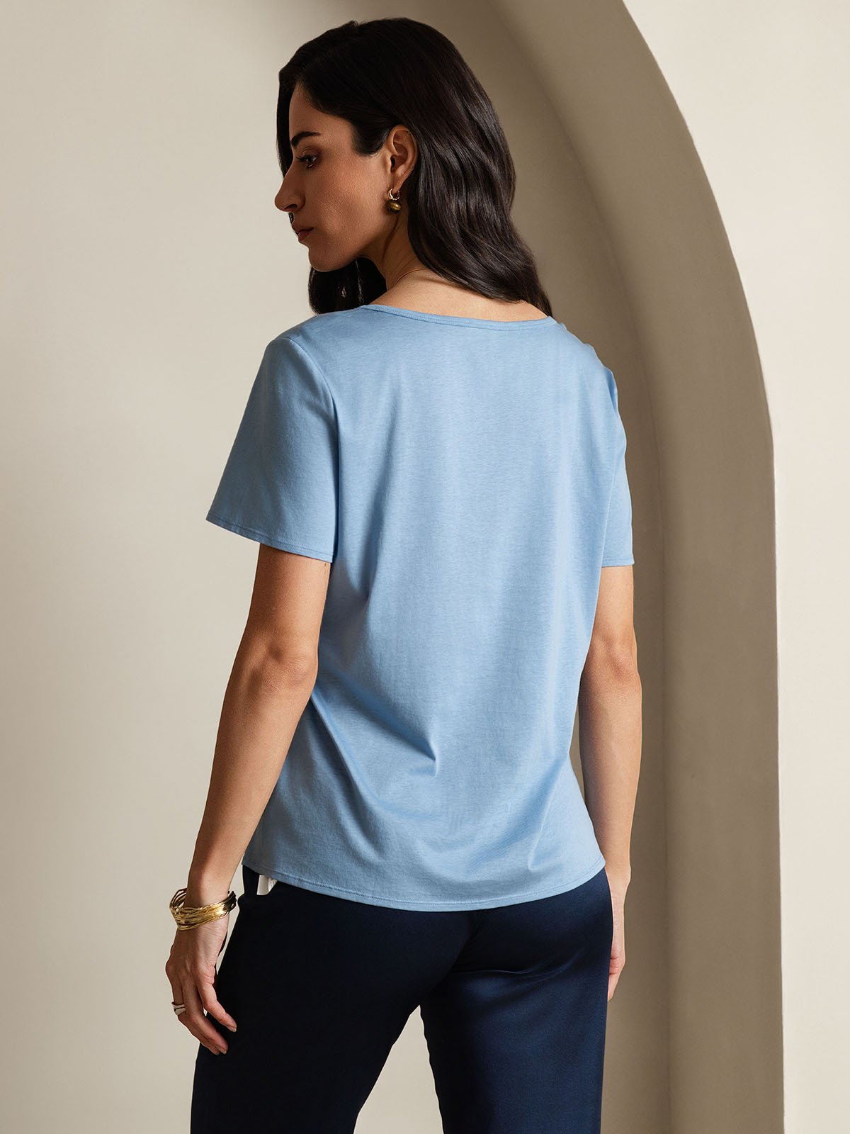 SilkSilky-CA Silk Short Sleeve V Neck Women's T-Shirt Blue 002