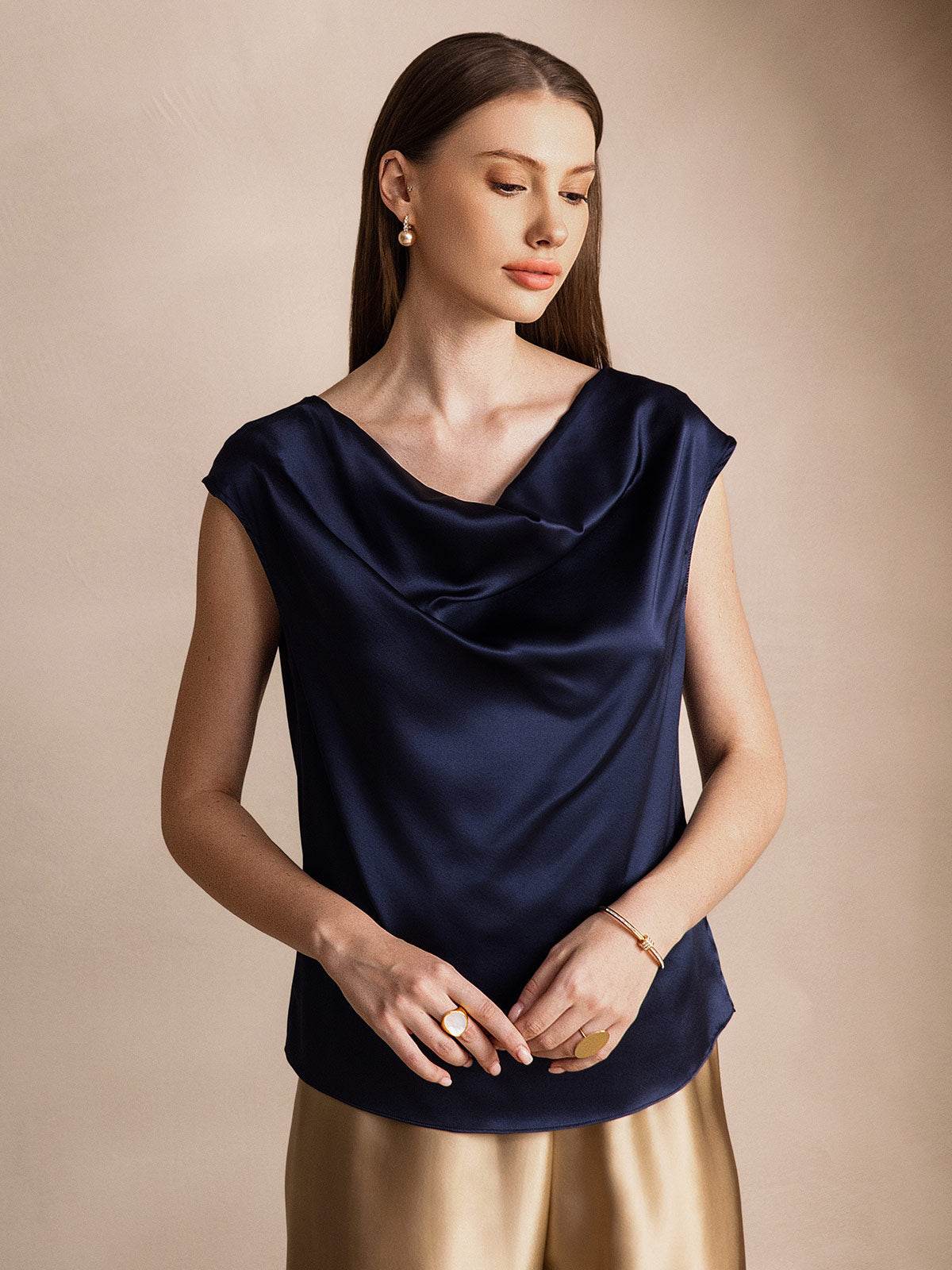 [Dark Blue] SilkSilky-CA 19Momme Silk Cowl Neck Women's T-Shirt 001