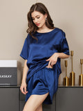 SilkSilky CA Pure Silk Short Sleeve Round Neck Women's Pajamas DarkBlue 005