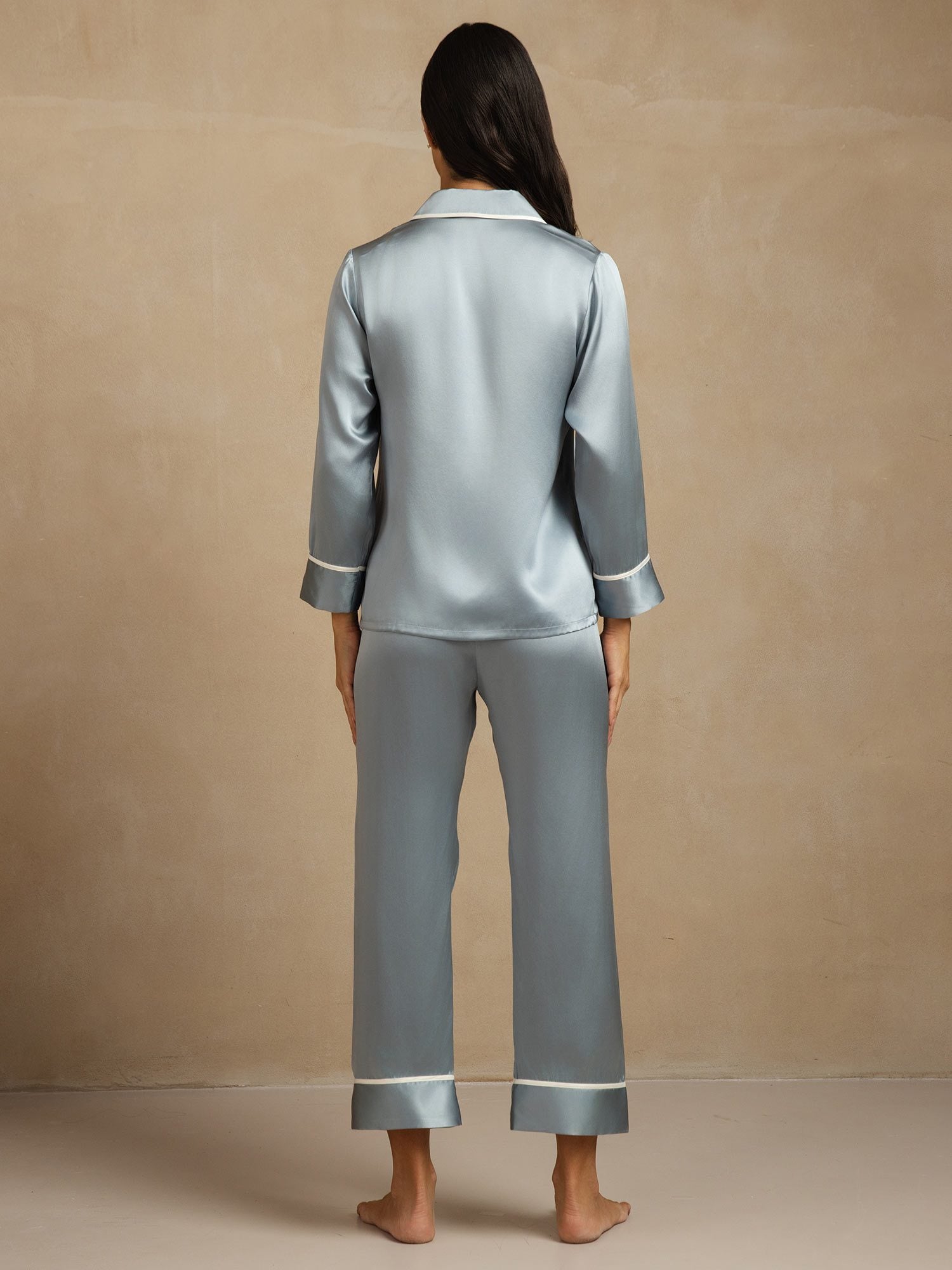 [GrayishBlue] SilkSilky-CA Pure Silk Lapel Collar Women's Pajamas 002