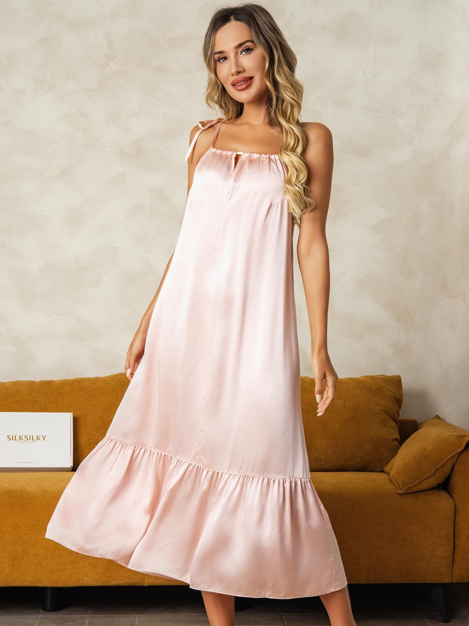 [Pink] SilkSilky-CA Pure Silk Keyhole Neck Nightgown 003
