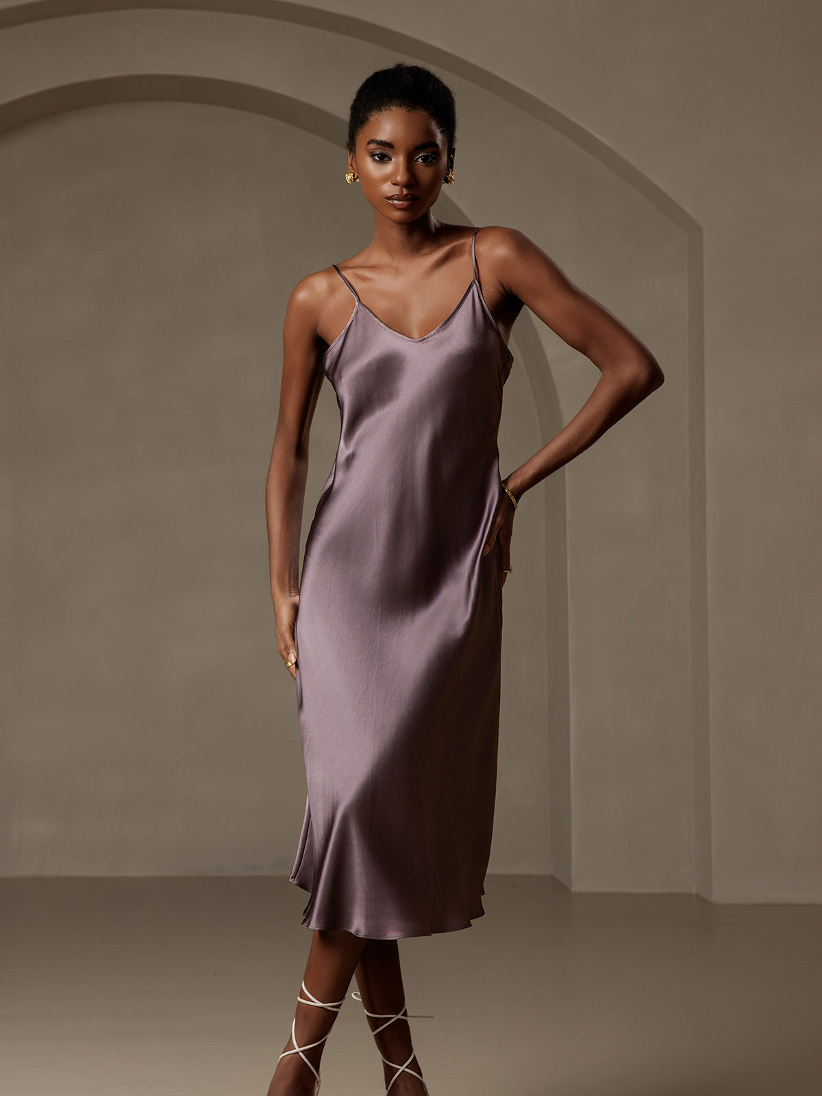 SilkSilky-CA Pure Silk Deep V Neck Dress PurpleGray 004