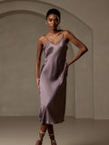 SilkSilky-CA Pure Silk Deep V Neck Dress PurpleGray 004