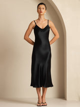 [Black] SilkSilky-CA Spaghetti Strap V Neck Dress 001