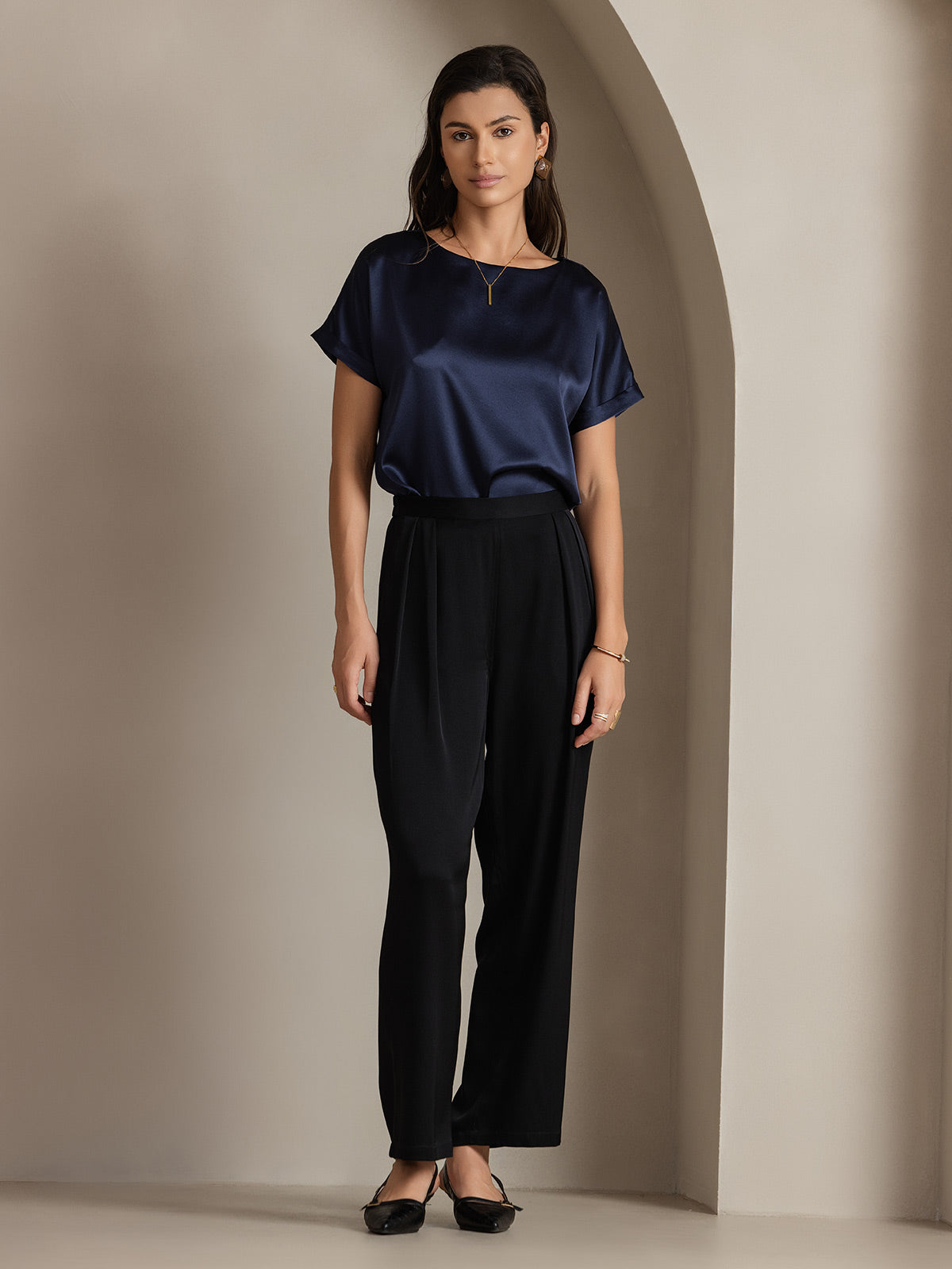 [Dark Blue] SilkSilky-CA 19Momme Silk Round Neck Women's T-Shirt 005,