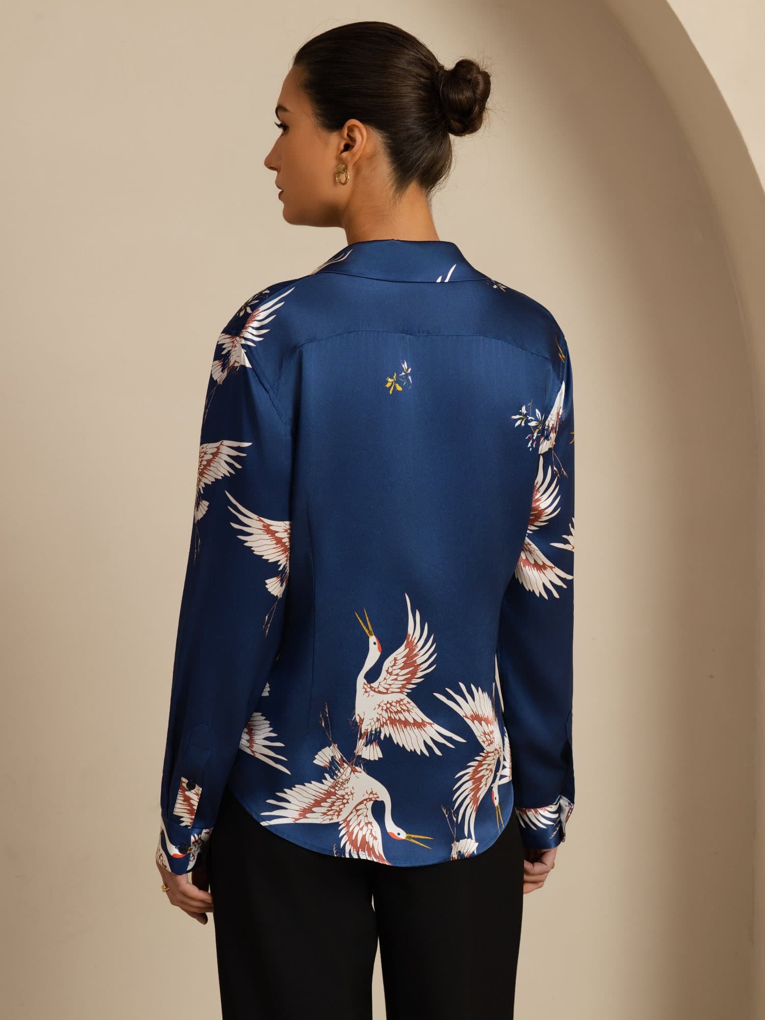 [Dark Blue] SilkSilky-CA 19Momme Long Sleeve Lapel Collar Women's Shirt 002