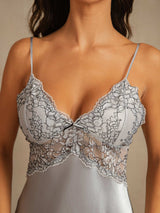 [Grayish Blue] SilkSilky-CA Spaghetti Strap Deep V Neck Nightgown 005