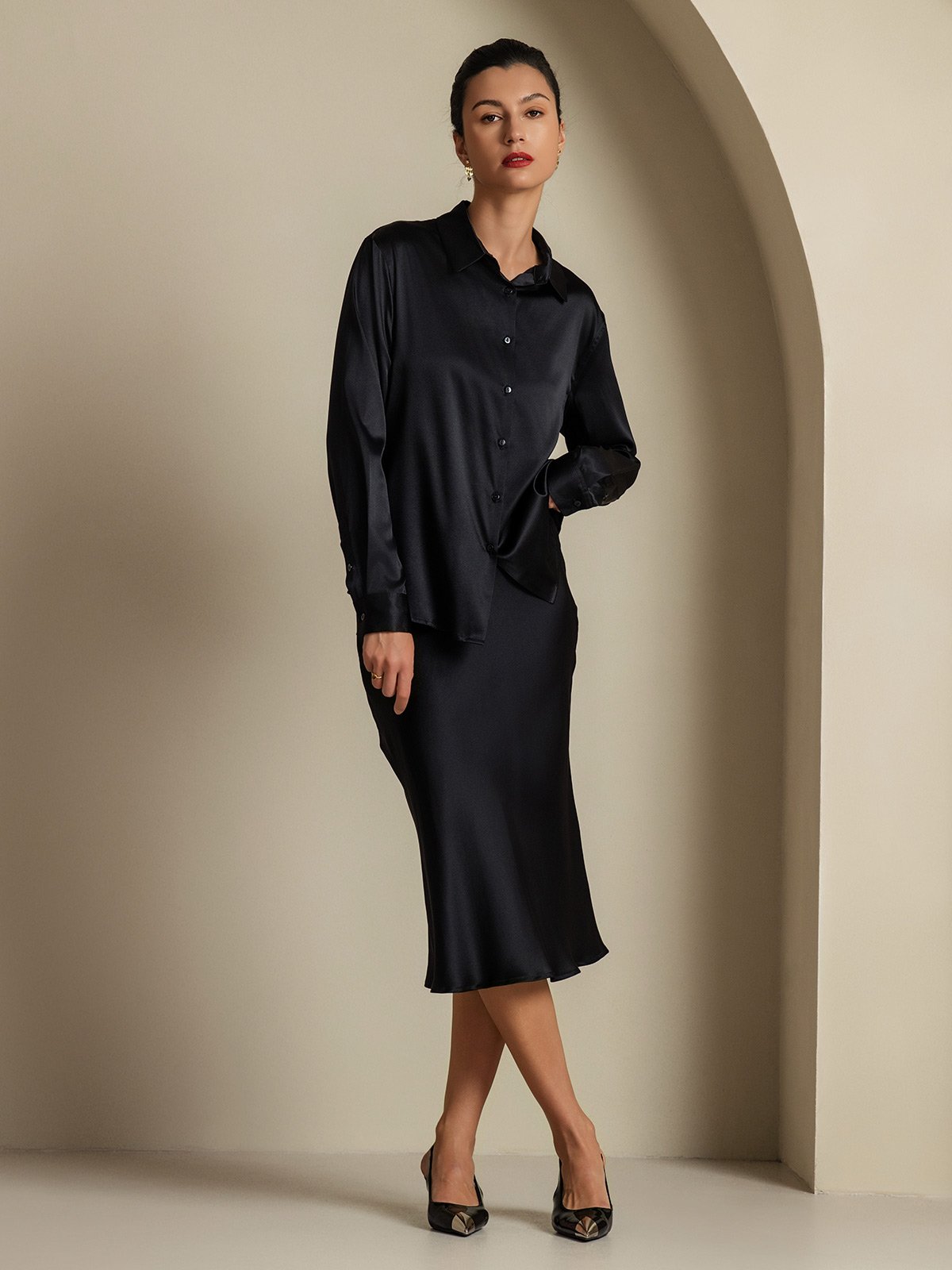 [Black] SilkSilky-CA 19Momme Silk Knitted Lapel Collar Women''s Outfit Sets 001,