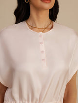 [Pink] SilkSilky-CA 18Momme Silk Satin Surah Cap Sleeve Henley Neck Dress 004