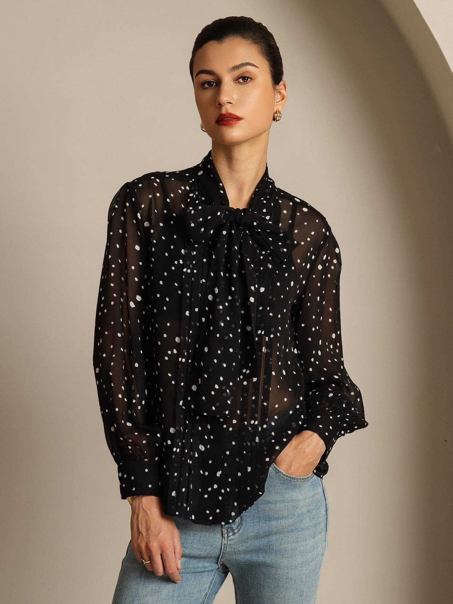 [PolkaDot] SilkSilky-CA Pure Silk Tie Neck Women's Shirt 006