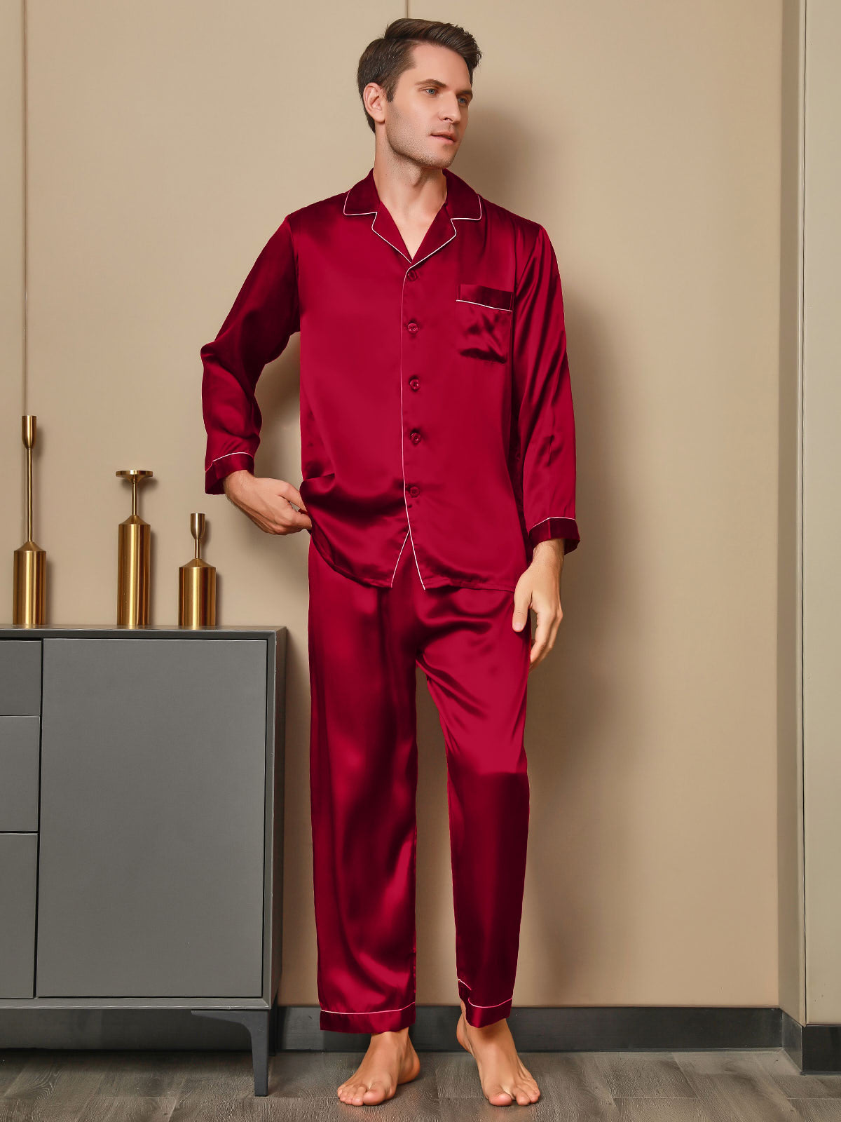 SilkSilky CA 19Momme Pure Silk Long Sleeve Lapel Men's Pajamas Red 003