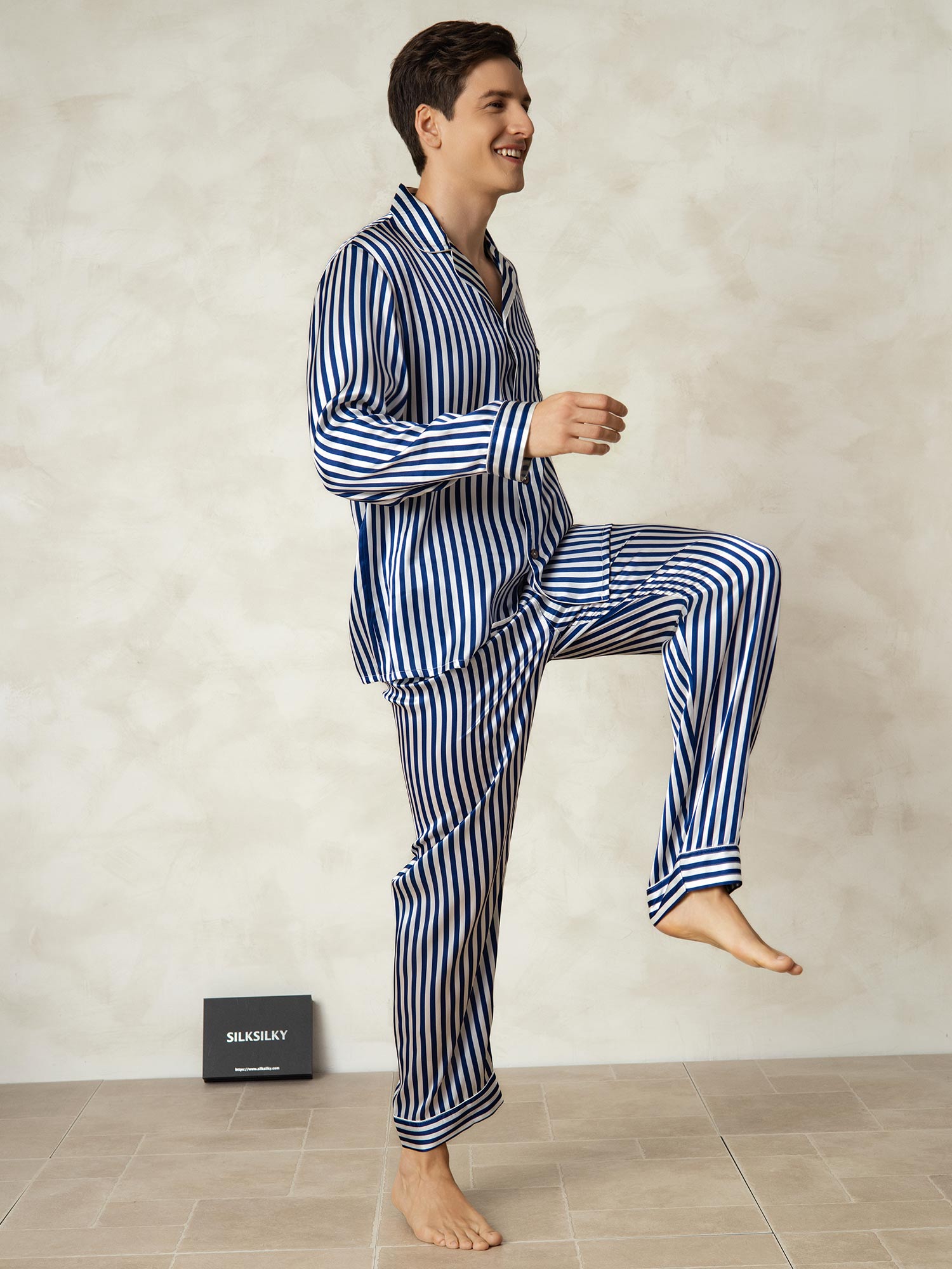 [Navy Stripe] SilkSilky-CA 19Momme Pure Silk Mens Pajamas 004