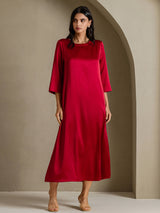 [Wine] SilkSilky-CA 3/4 Sleeve Round Neck Dress 006