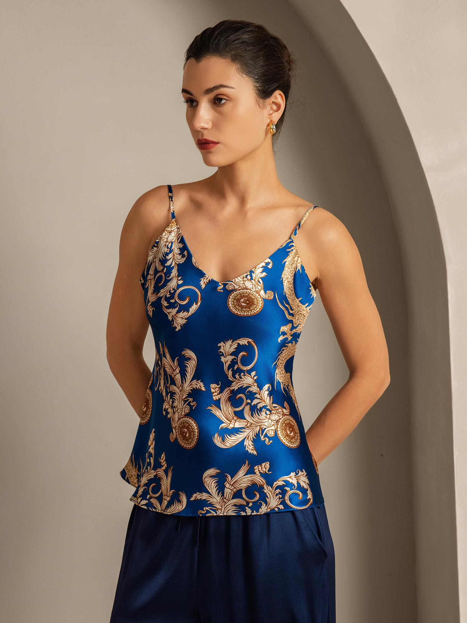 [Navy Dragon] SilkSilky-CA Pure Silk V Neck Camisole 005