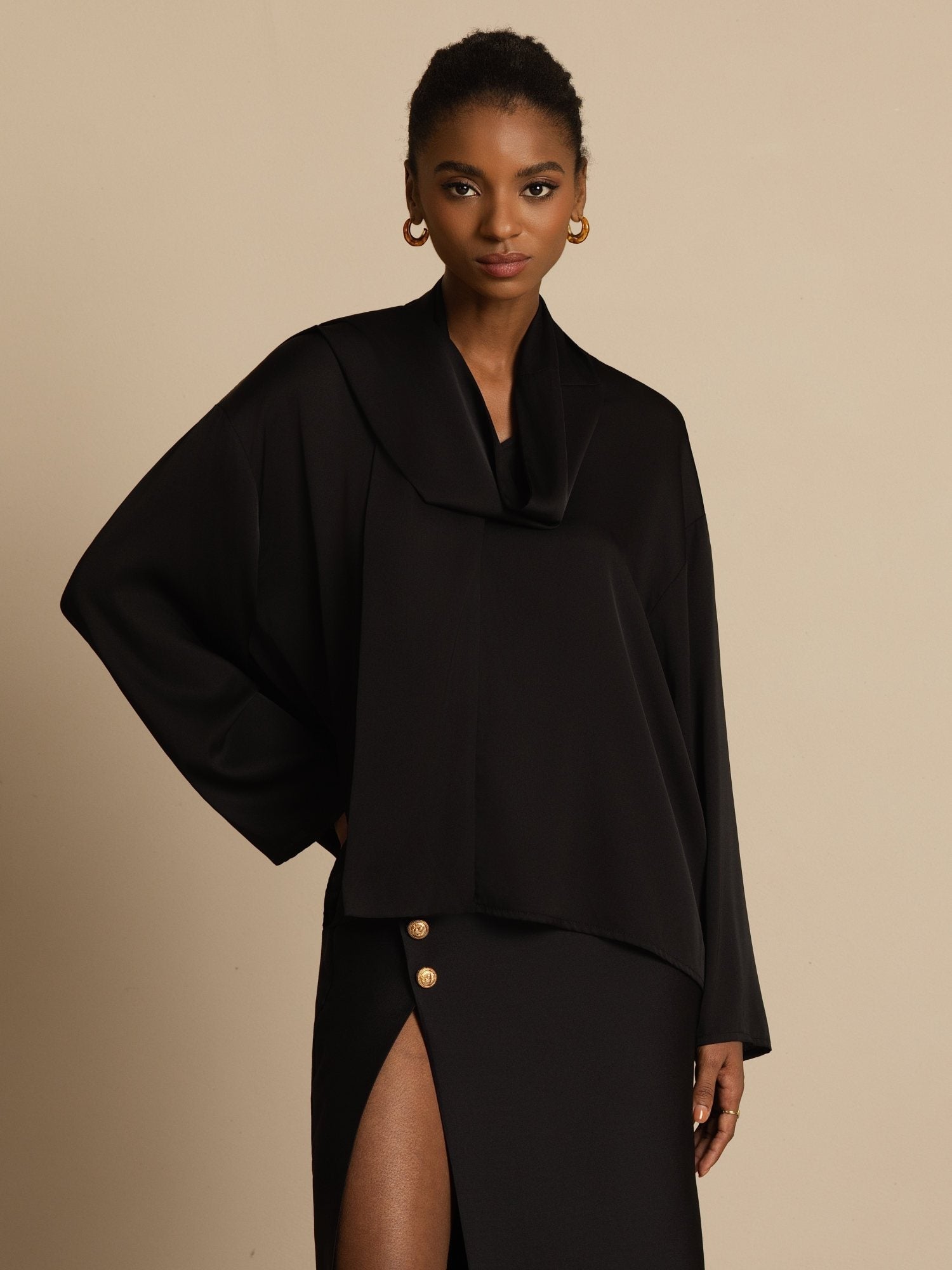 [Black] SilkSilky-CA 19Momme Stretch Silk Double Georgette Long Sleeve V Neck Blouse 001