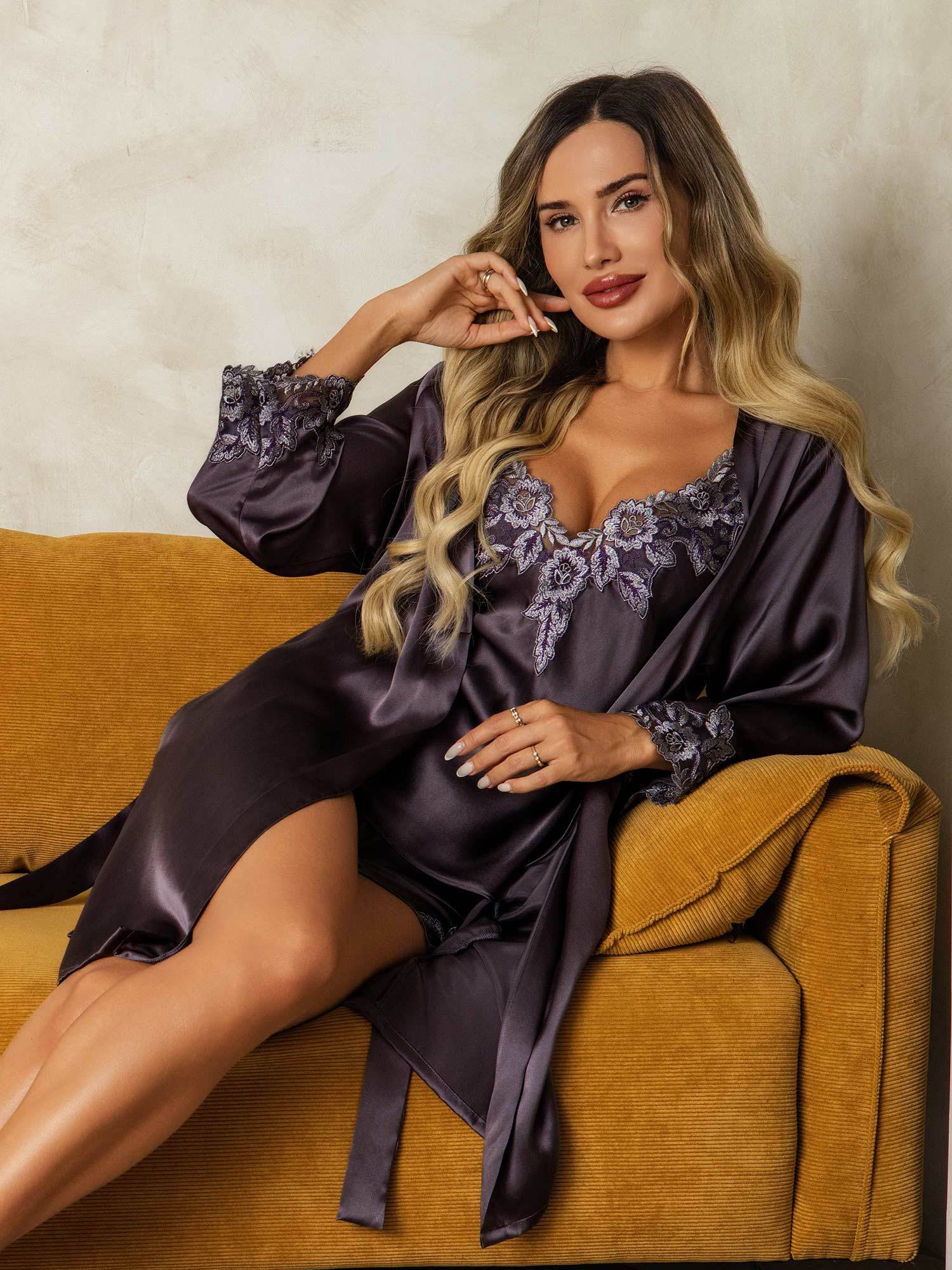 [PurpleGray] SilkSilky-CA Pure Silk Split Nightgown&Robe Set 005