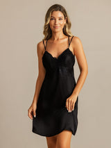 [Black] SilkSilky-CA Spaghetti Strap V Neck Nightgown 004