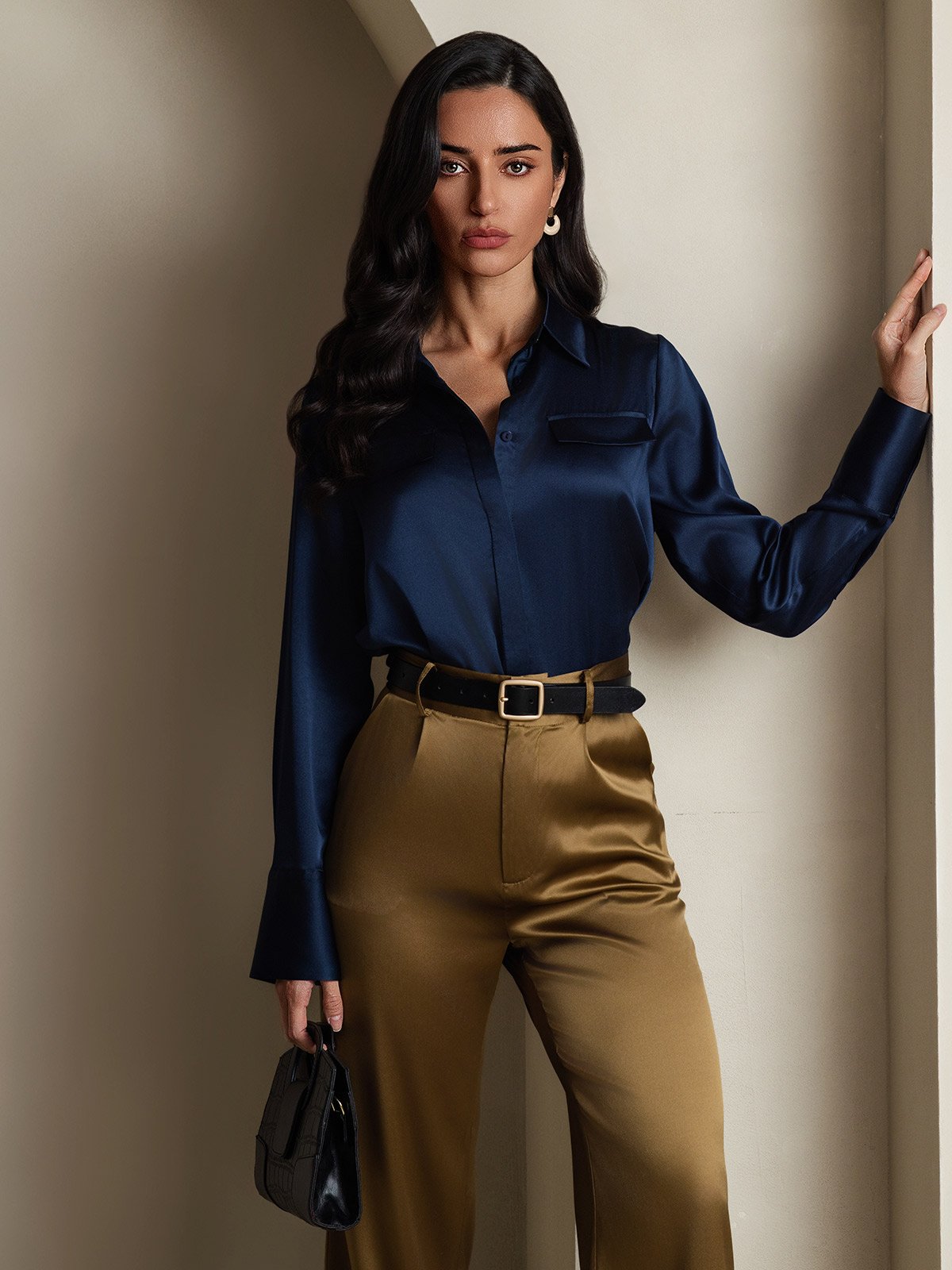 SilkSilky-CA 19Momme Silk Long Sleeve Collar Women's Shirt DarkBlue 006