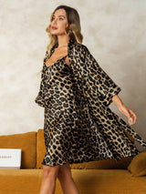 [Leopard] SilkSilky-CA Pure Silk V Neck Nightgown&Robe Set 004,