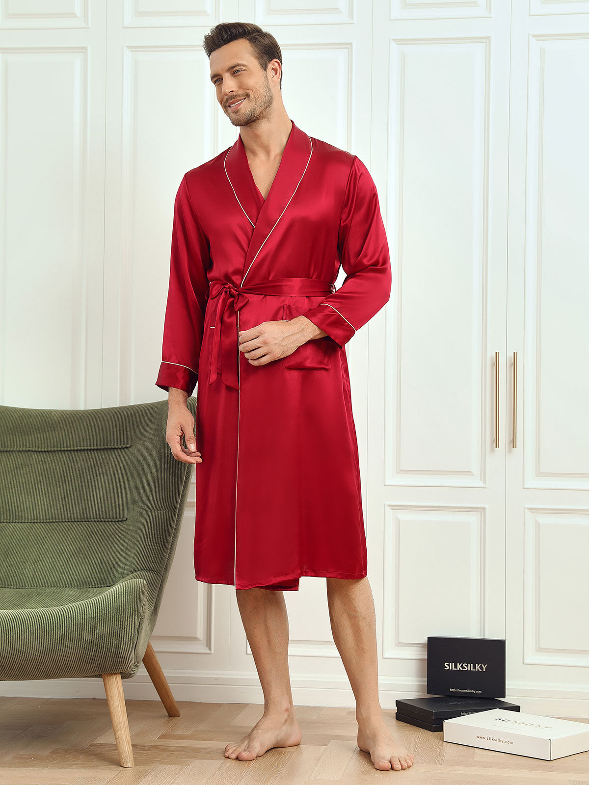 SilkSilky CA Pure Silk Long Sleeve Lapel Men's Robe Wine 003