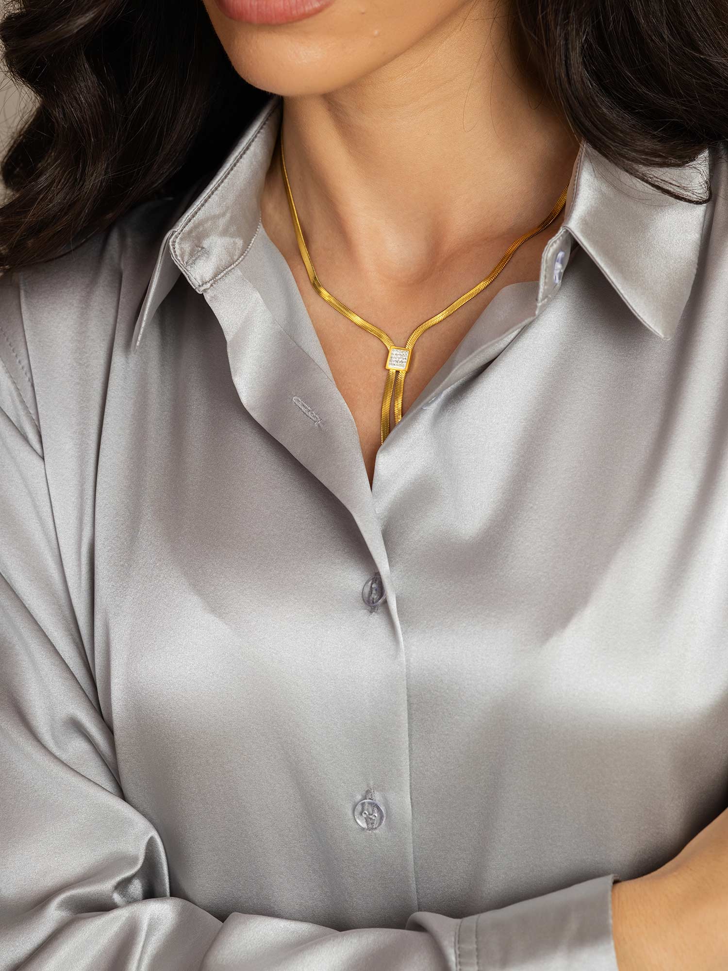 [Light Gray] SilkSilky-CA Silk Lapel Collar Women's Shirt 006