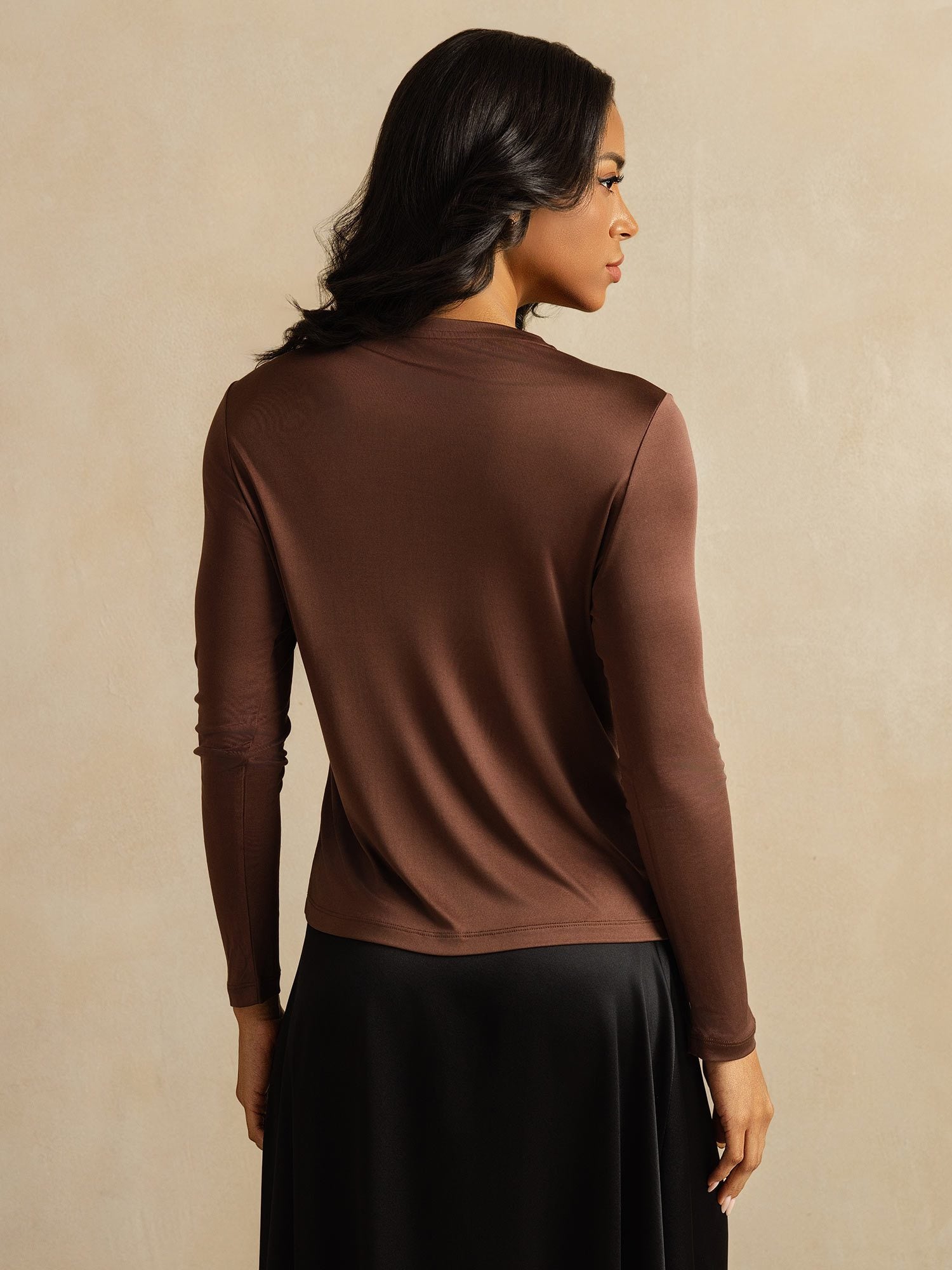 [Coffee] SilkSilky-CA 100% Silk Jersey Long Sleeve Crew Neck Women's T-Shirt 002