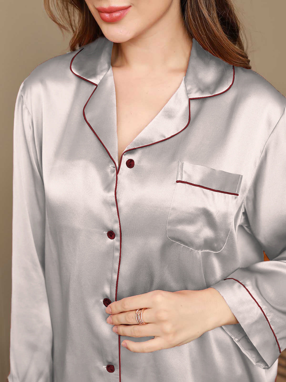 SilkSilky CA Pure Silk Long Sleeve Lapel Women's Pajamas Silver 006