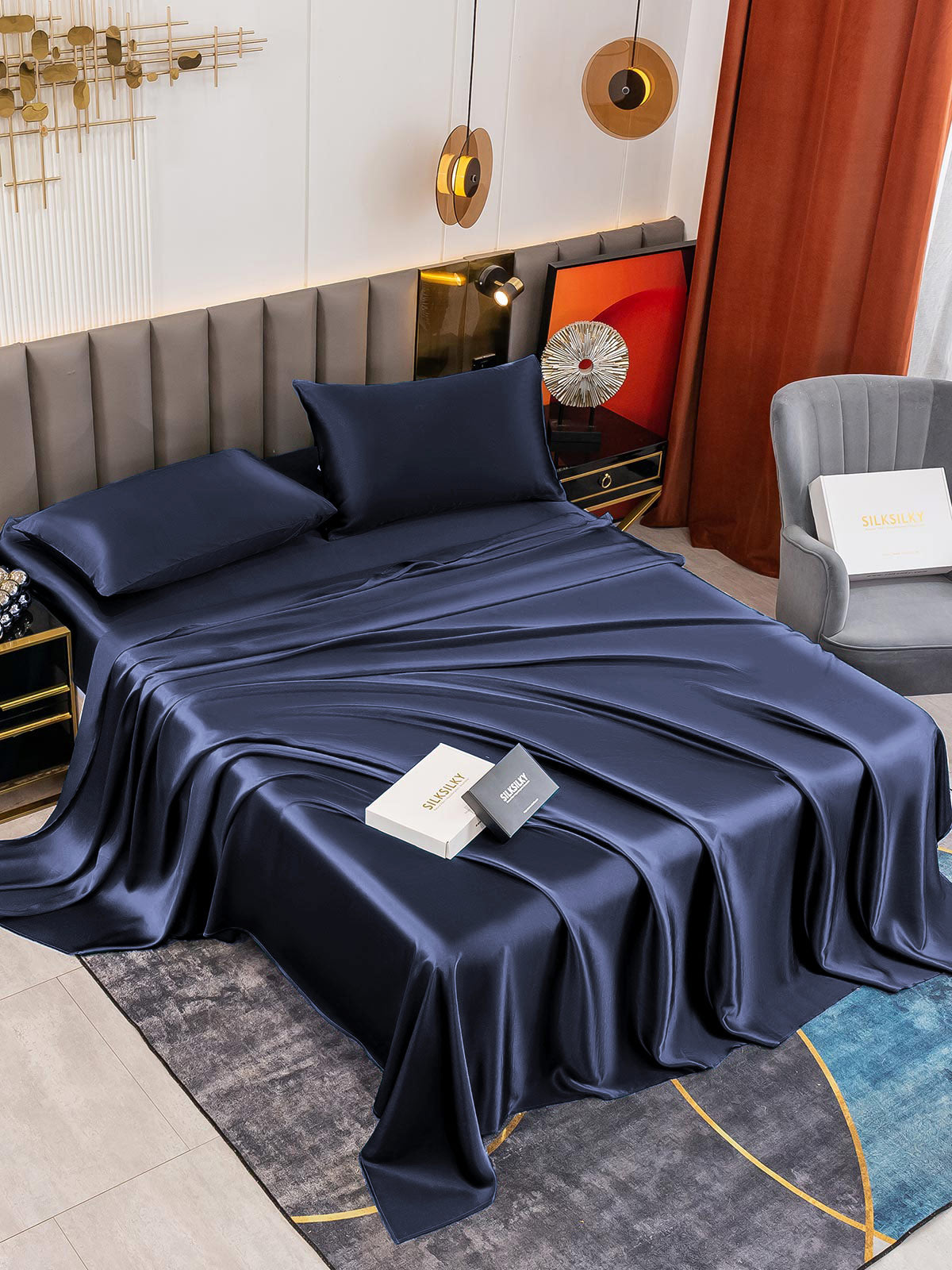 [Dark Blue] SilkSilky-CA 19Momme Pure Silk Bedding Set 001