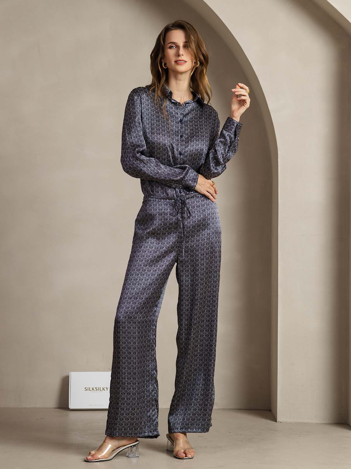 [Navy Ginkgo] SilkSilky-CA 19Momme Silk Womens Pants 003
