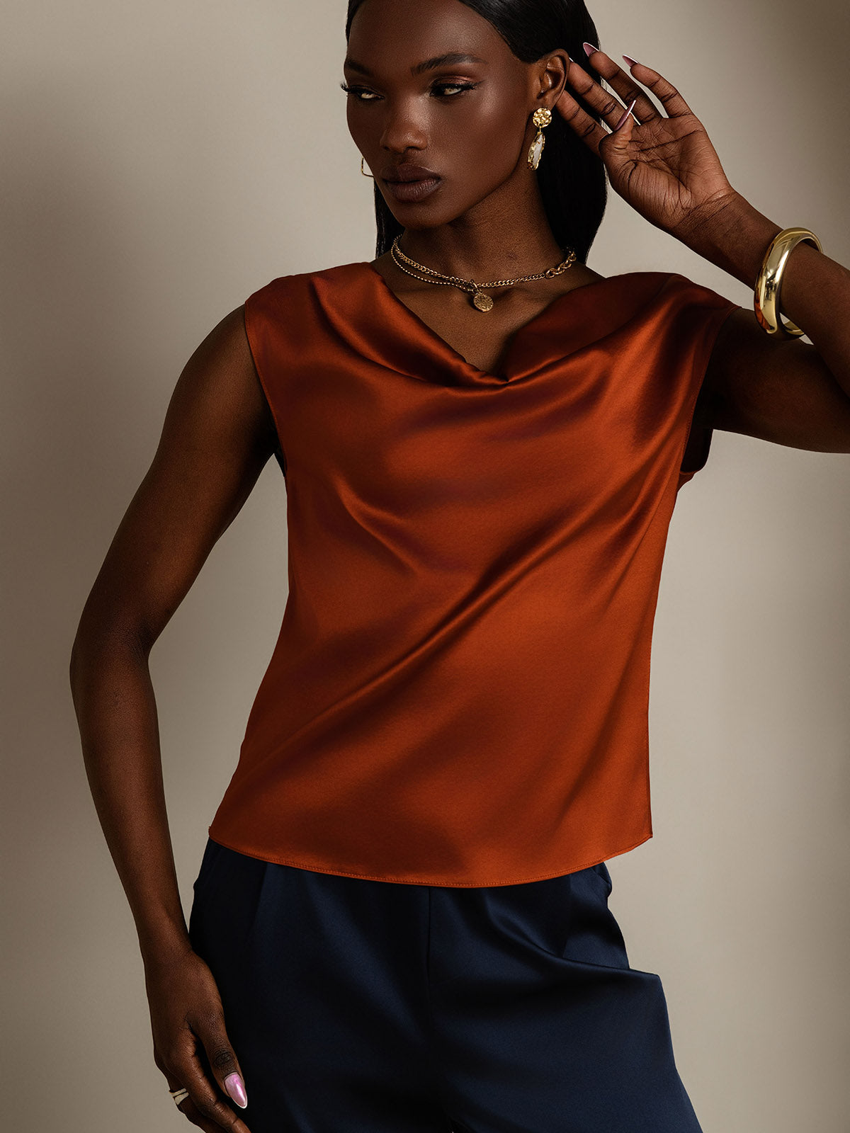 [Caramel] SilkSilky-CA 19Momme Silk Cap Sleeve Cowl Neck Women's T-Shirt 006