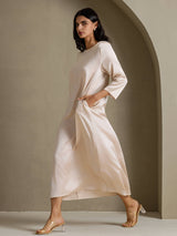 [Beige] SilkSilky-CA 3/4 Sleeve Round Neck Dress 007