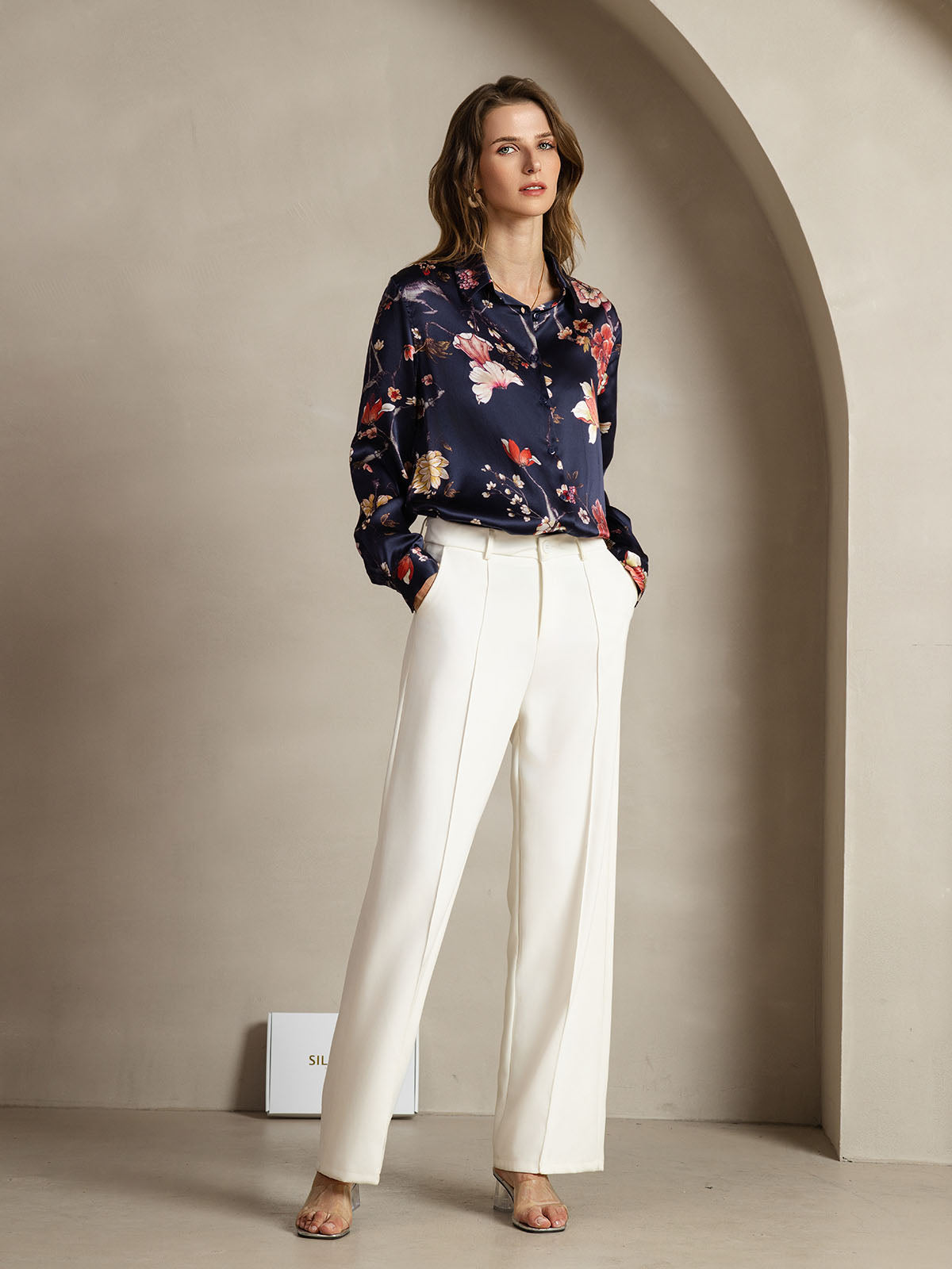 [Navy Floral] SilkSilky-CA Silk Lapel Collar Women's Shirt 003