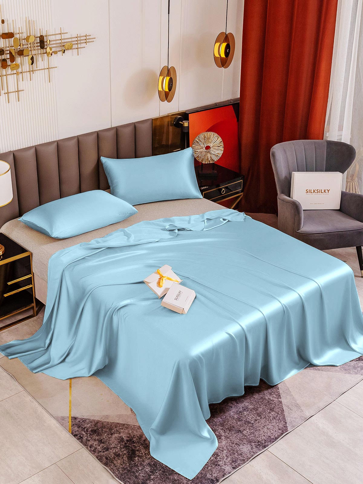 SilkSilky CA 19Momme Pure Silk Bedding Set LightBlue 001