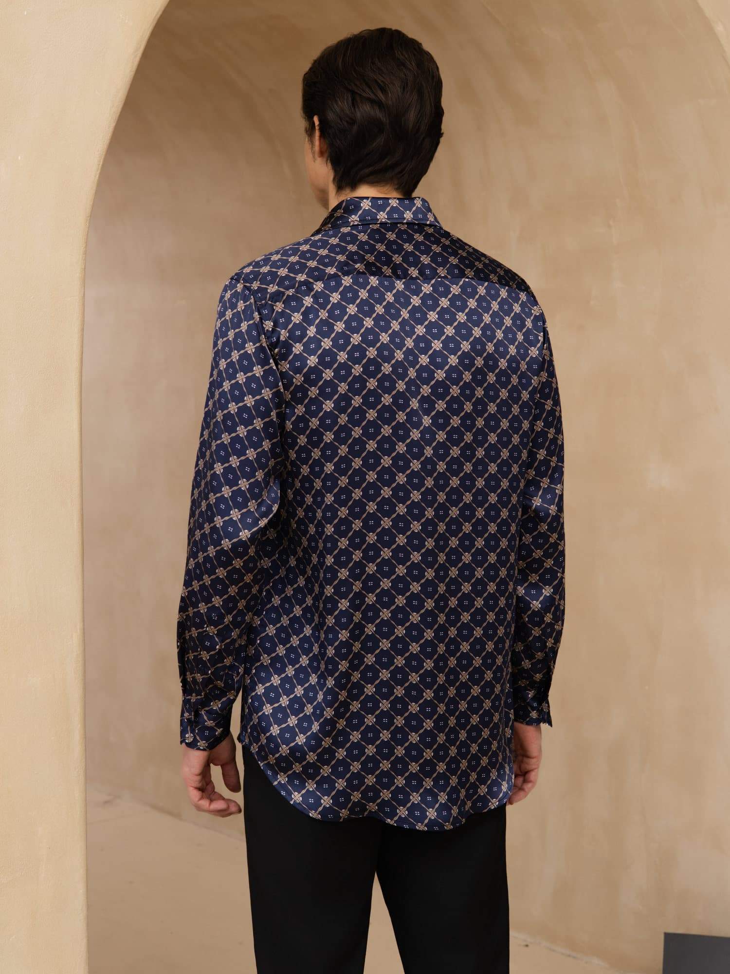 [Navy Chain] SilkSilky-CA Long Sleeve Lapel Collar Men's Shirt 002