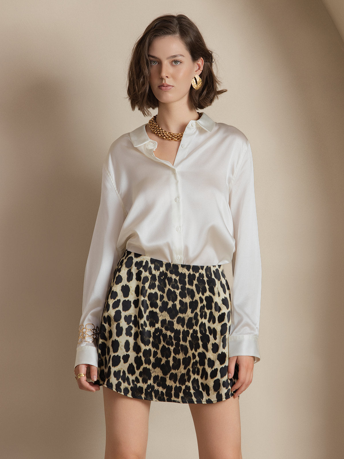 [White] SilkSilky-CA 19Momme Stretch Silk Charmeuse Long Sleeve Lapel Collar Women's Shirt 001