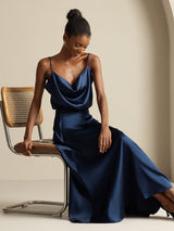 [Dark Blue] SilkSilky-CA 19Momme Stretch Silk Charmeuse Spaghetti Strap Cowl Neck Women''s Outfit Sets 008