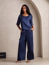 [Dark Blue] SilkSilky-CA Half Sleeve Round Neck Women's Pajamas 006