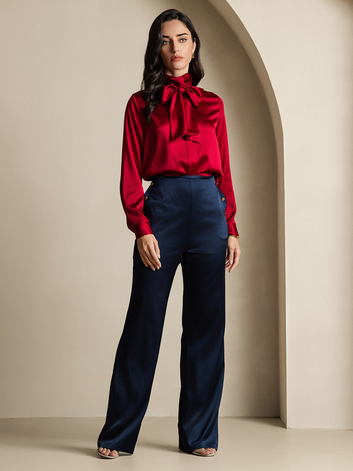 [Wine] SilkSilky-CA 19Momme Long Sleeve High Neck Blouse 008