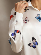 [White Butterfly] SilkSilky-CA Long Sleeve Lapel Collar Women's Shirt 003