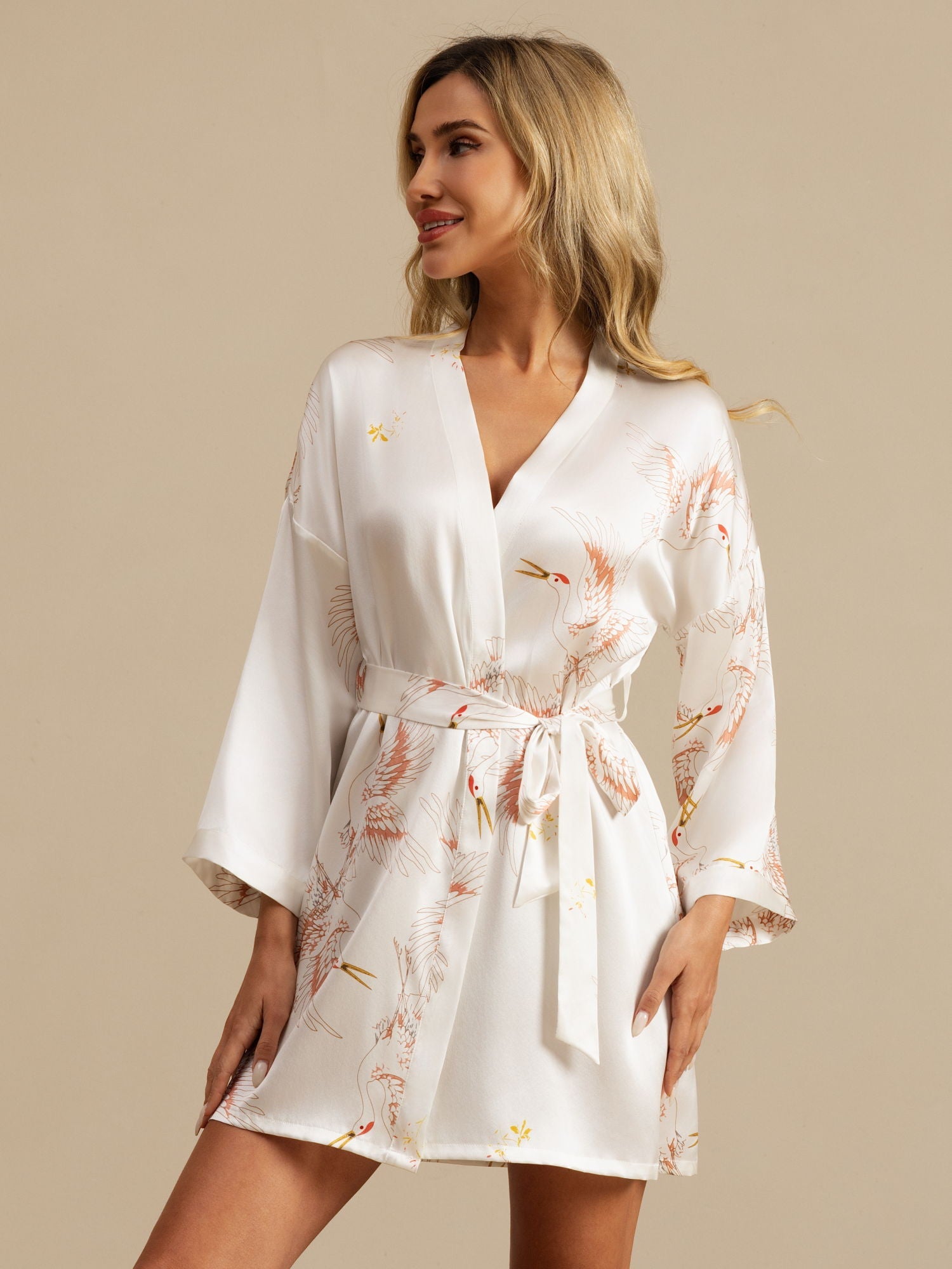 [White] SilkSilky-CA 19Momme 3/4 Sleeve Women's Robe 001