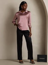 [Pale Mauve] SilkSilky-CA 19Momme Stretch Silk Charmeuse 3/4 Sleeve Lapel Collar Women's Shirt 006