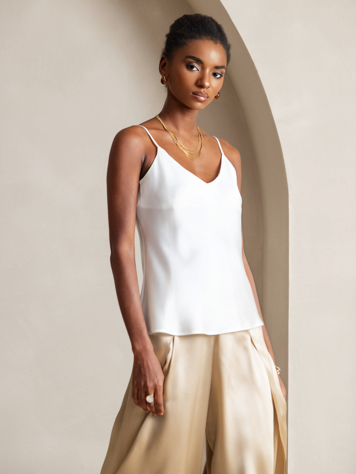 [White] SilkSilky-CA Pure Silk V Neck Camisole 005