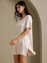 [Beige] SilkSilky-CA Half Sleeve V Neck Nightgown 001