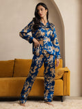 SilkSilky-CA Pure Silk Long Sleeve Lapel Women's Pajamas Blue 005