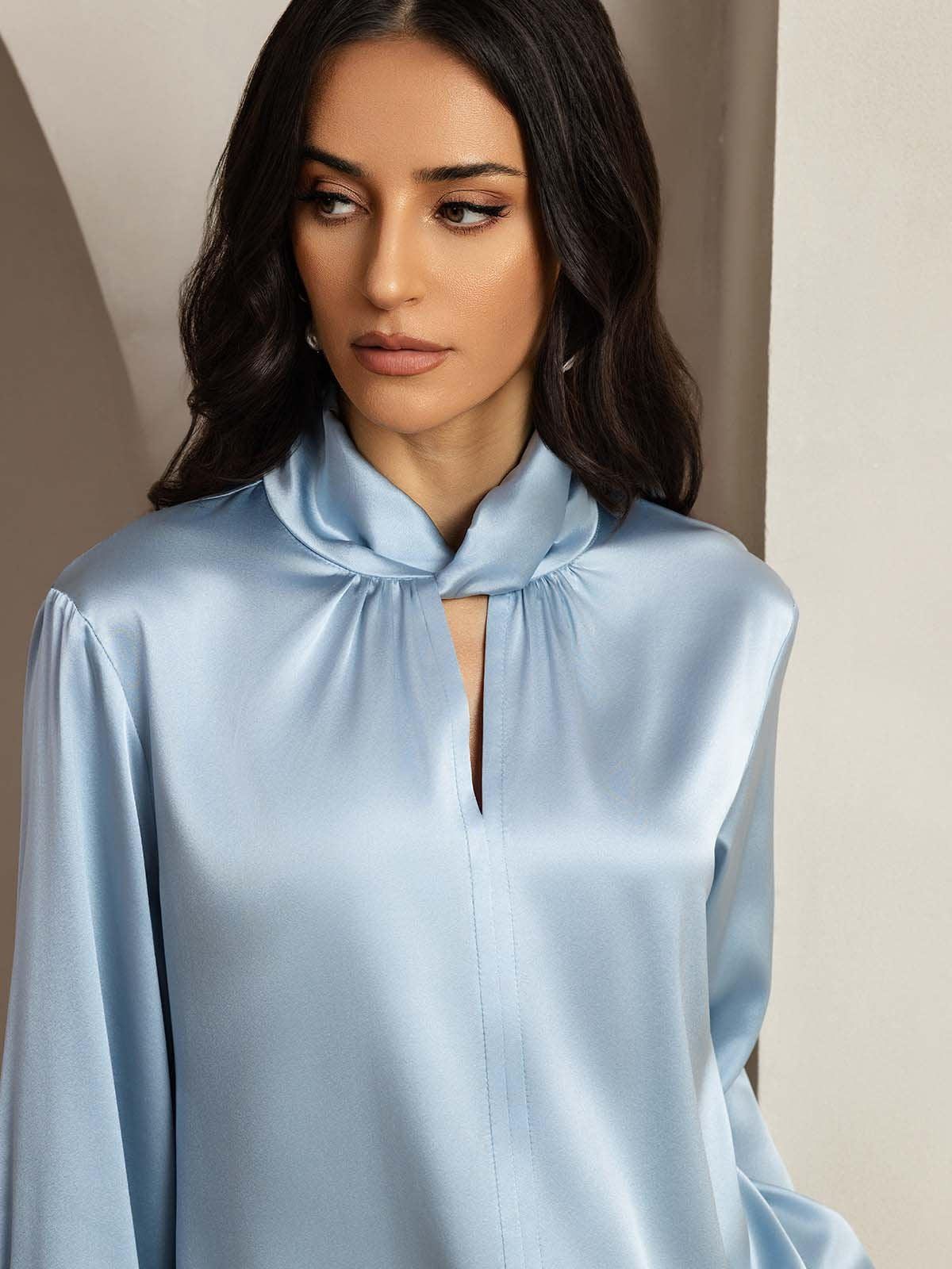 [GrayishBlue] SilkSilky-CA 19Momme Silk Keyhole Neck Women's Shirt 003