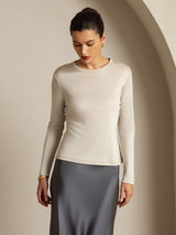 [Gray] SilkSilky-CA 100% Silk Jersey Long Sleeve Crew Neck Women's T-Shirt 011
