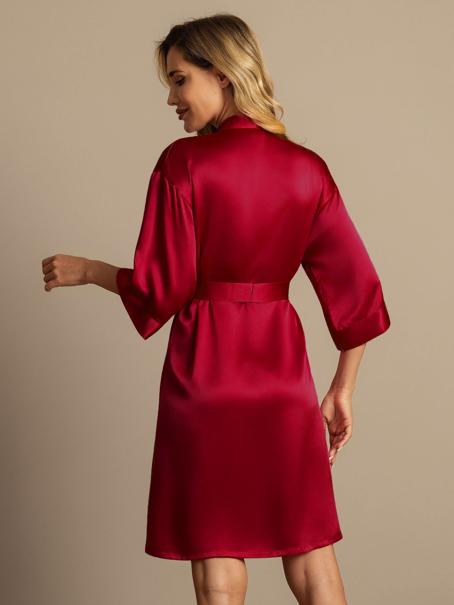 [Wine] SilkSilky-CA Pure Silk 3/4 Sleeve Wrap Women's Robe 002